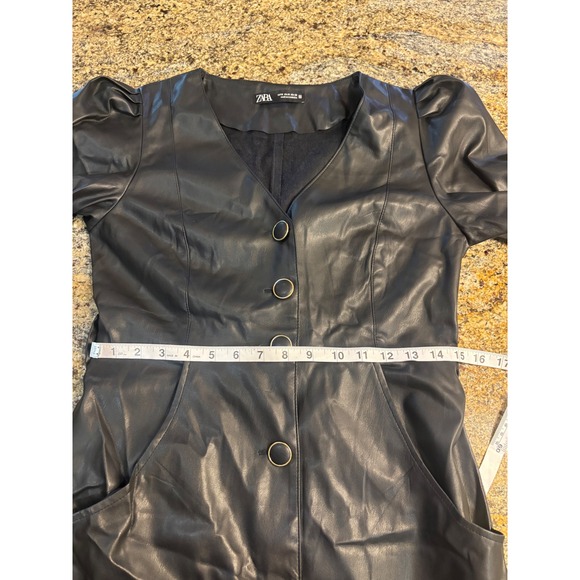 ZARA Black Faux Leather Puff Sleeve Button Front Midi Dress Size M‎ - Picture 4 of 9